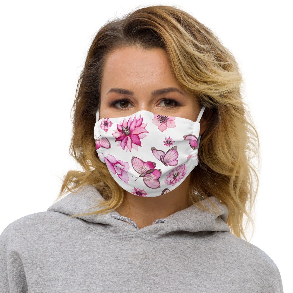PINK BUTTERFLIES ANF FLOWERS- Premium face mask