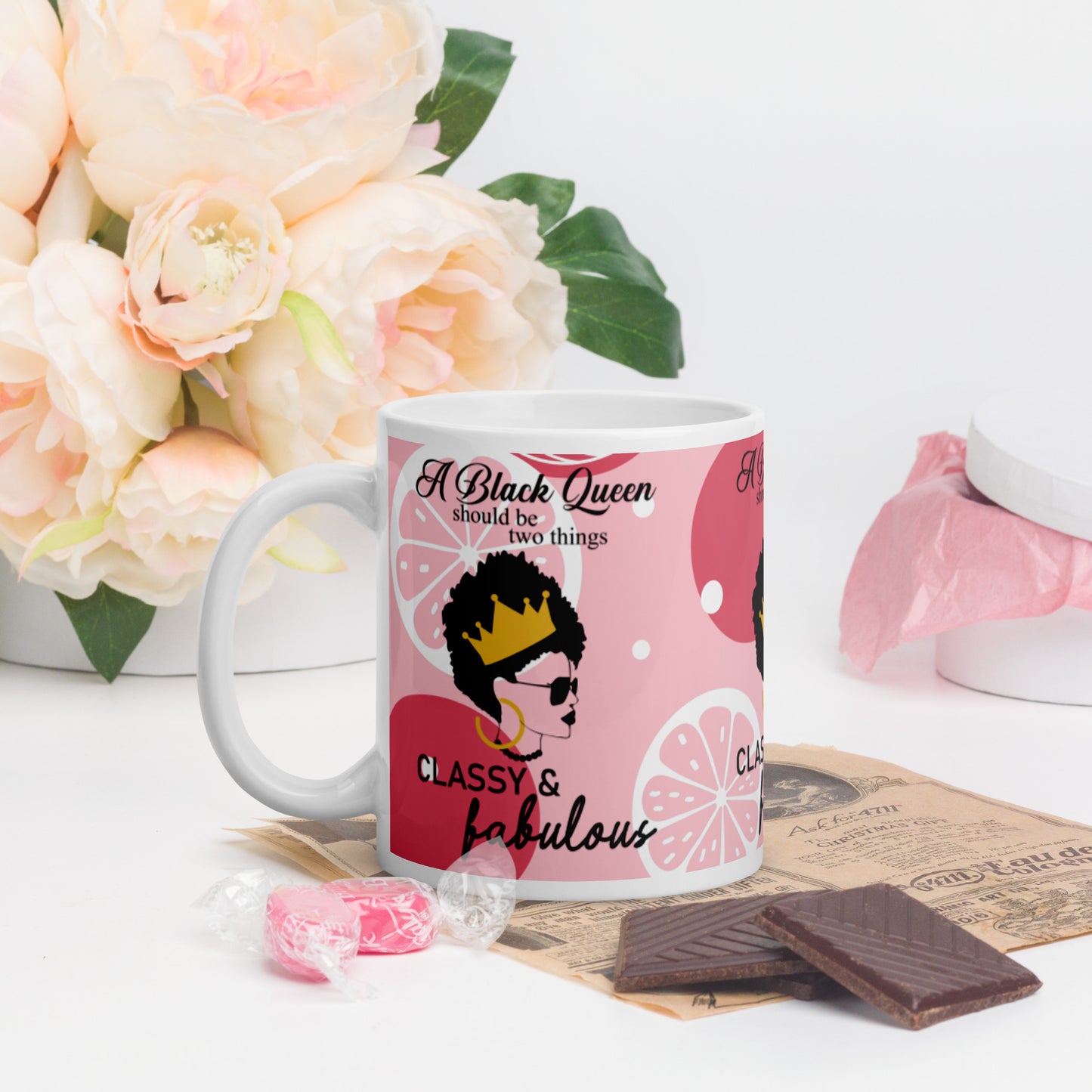 FABULOUS AND CLASSY BLACK QUEEN- White glossy mug