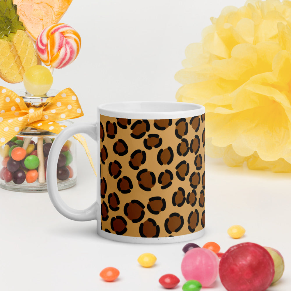 TAN LEOPARD- White glossy mug