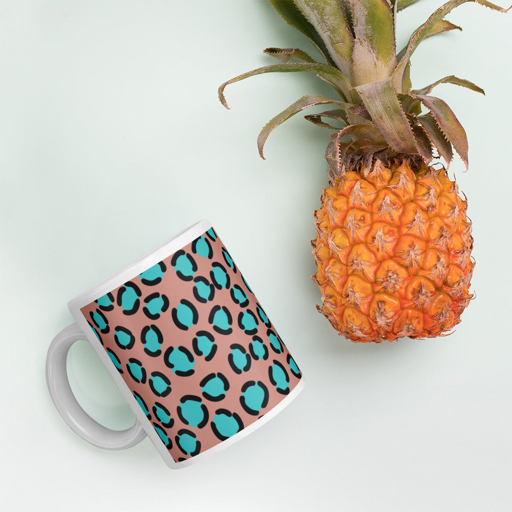 BLUE SPOT LEOPARD- White glossy mug