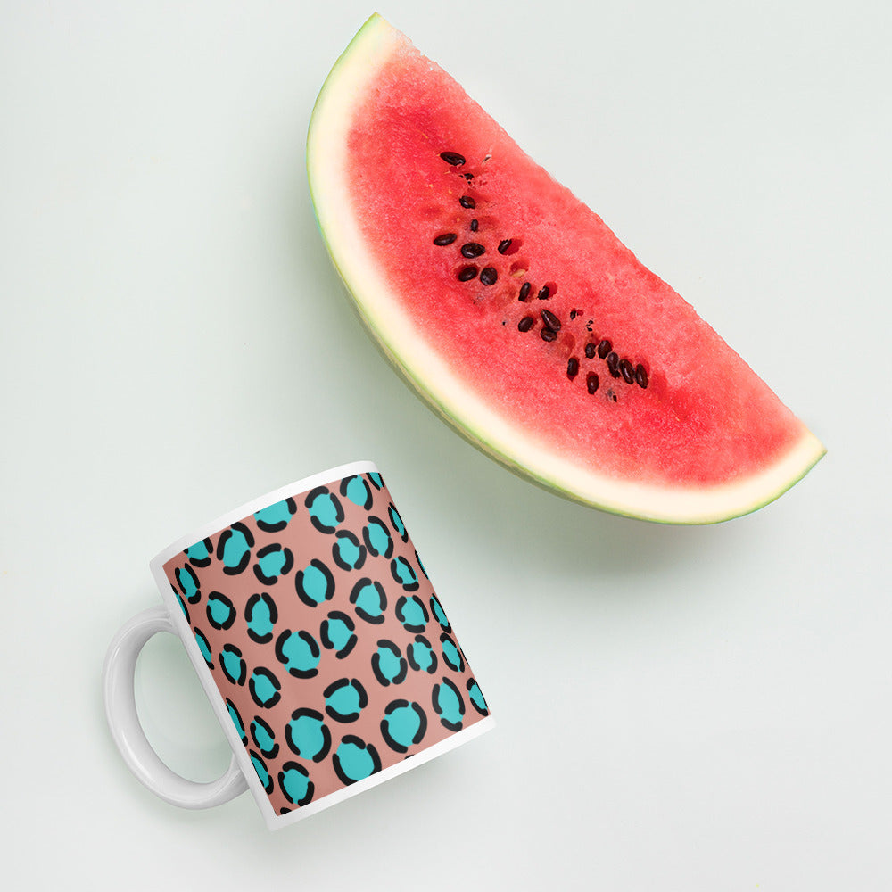 BLUE SPOT LEOPARD- White glossy mug