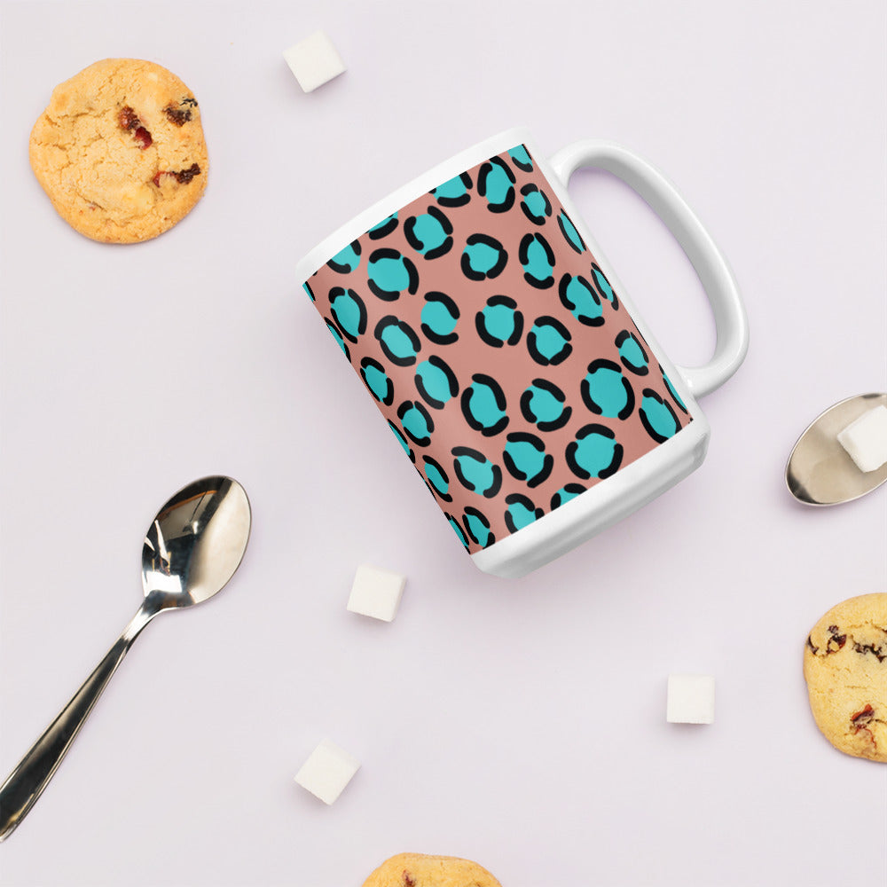 BLUE SPOT LEOPARD- White glossy mug