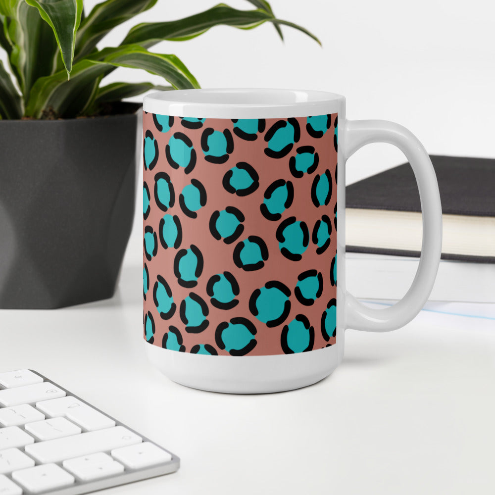 BLUE SPOT LEOPARD- White glossy mug