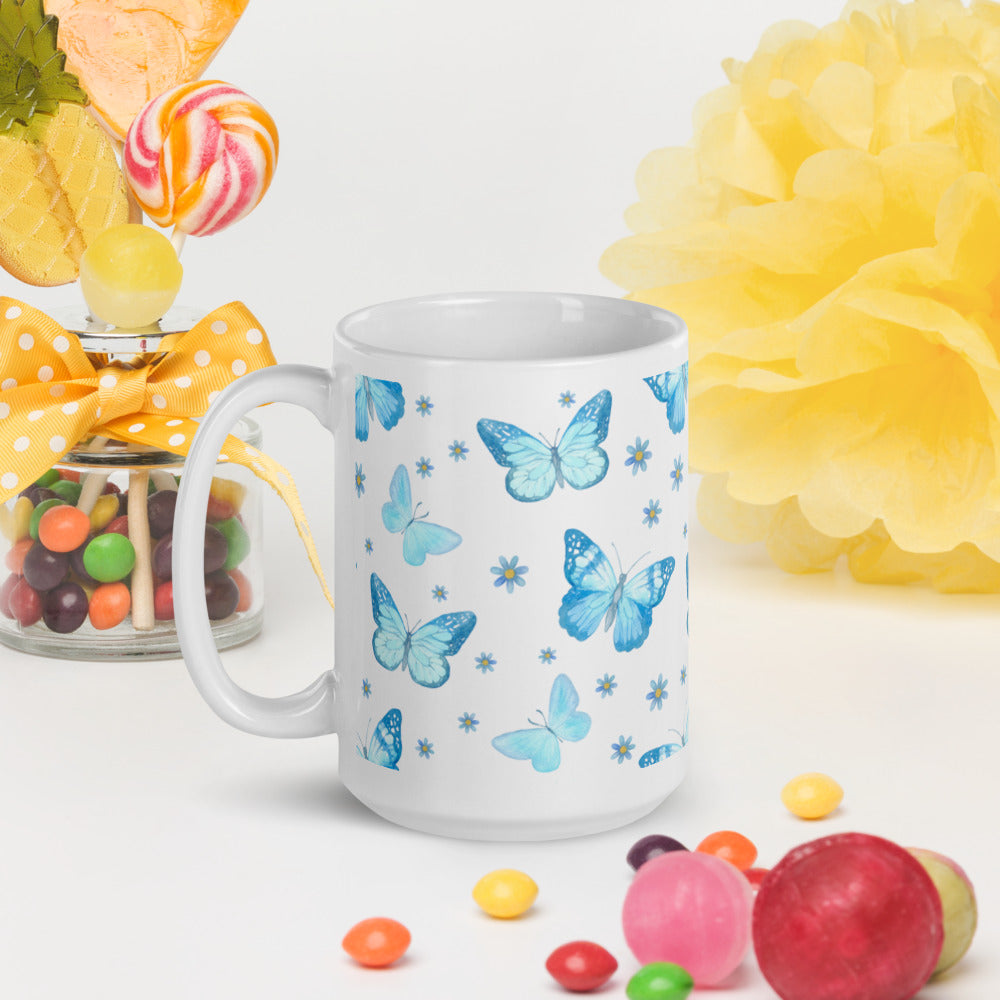 BLUE BUTTERFLIES- White glossy mug